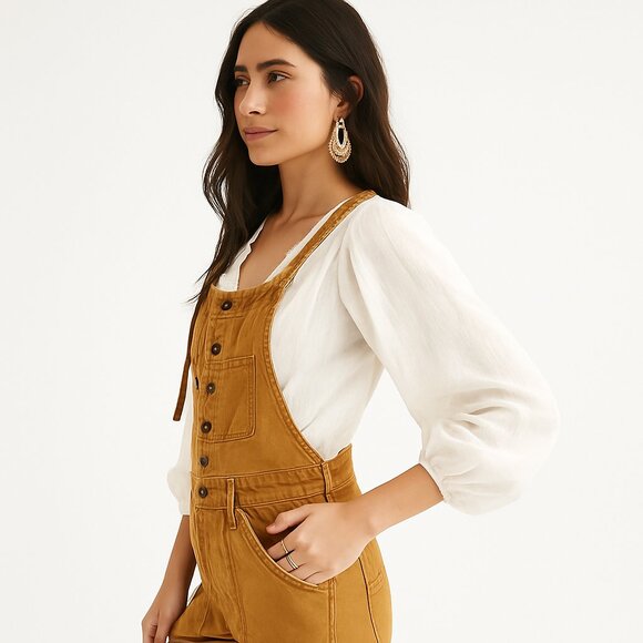 Pilcro Anthropologie Utility Overalls Button Front Bib Caramel Brown Workwear 30 - Picture 3 of 15